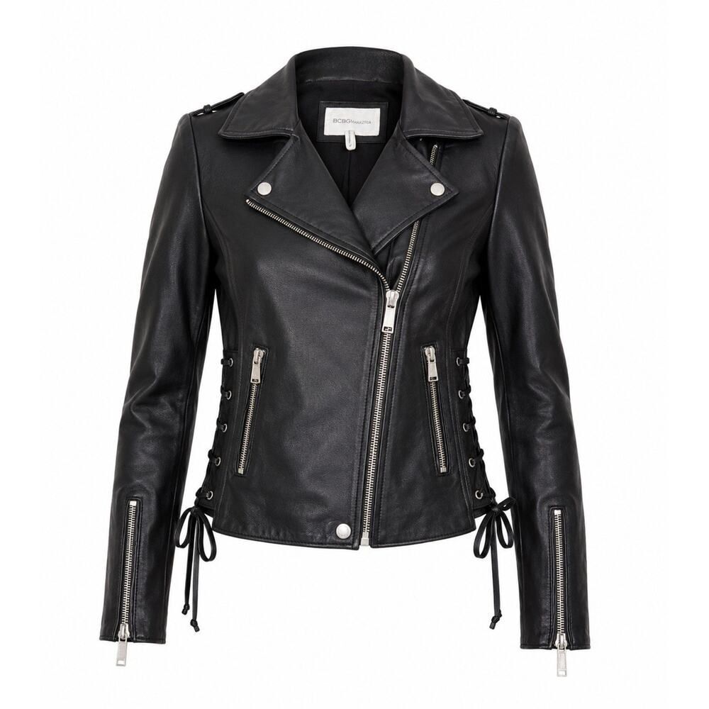BCBGeneration Black Lamb Leather Moto Jacket XS Lace Up Biker Zip Cropped